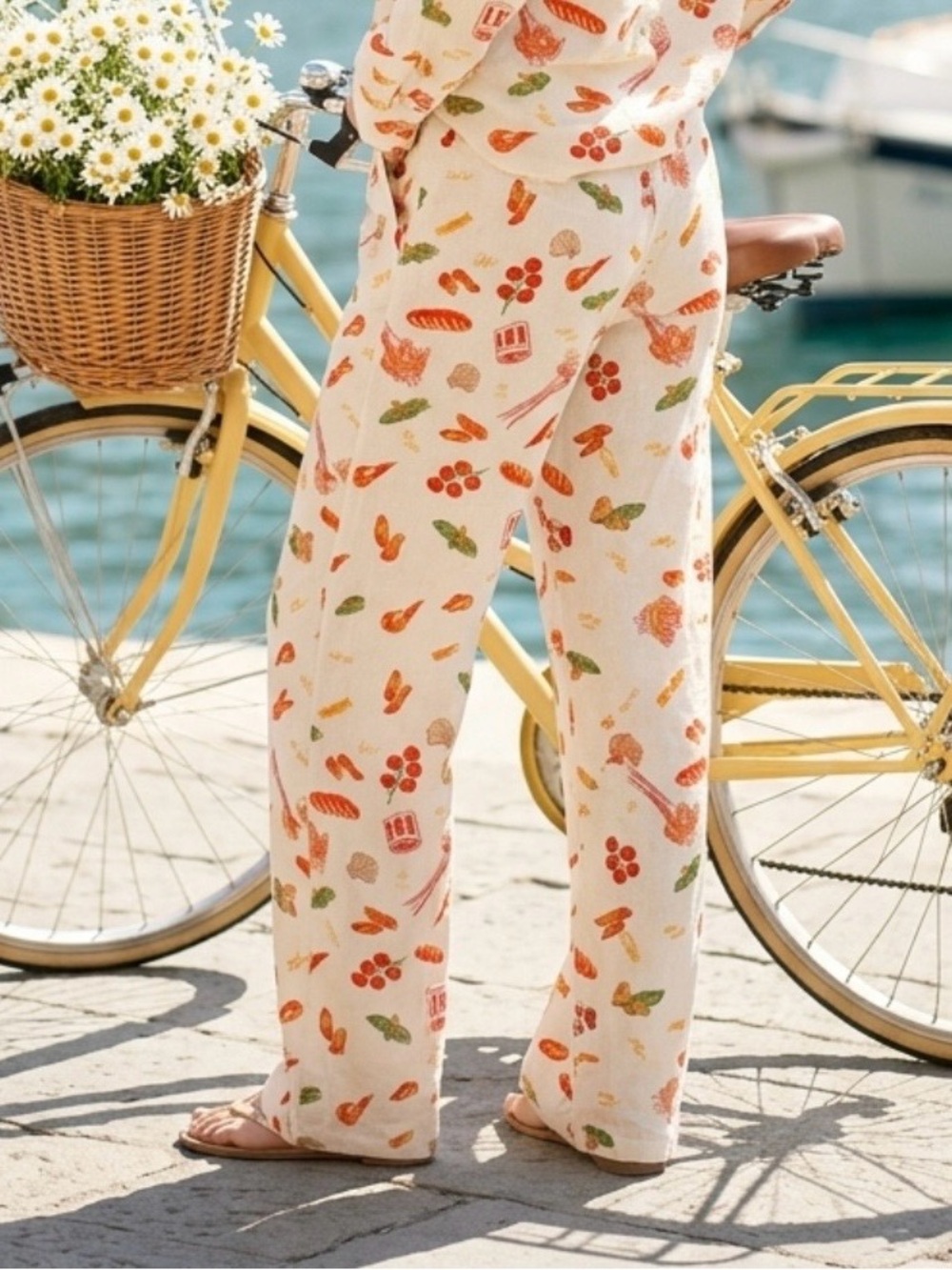Angel Kiss Cream Wide-Leg Pants with Multicolor Food Print